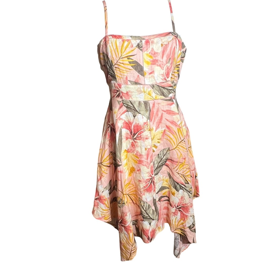 Joie Pink Tropical Floral Linen Handkerchief Hem Midi Dress Womens 8